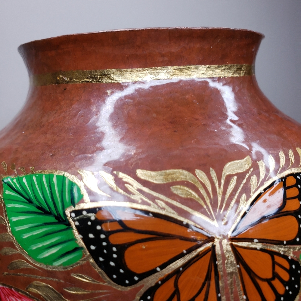 Hammered Copper Artisan Handpainted Vase Butterfly - Picture 3 of 8